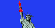 Editorial illustration of the Statue of Liberty holding a red chess king piece instead of a torch, set against a bright blue background.