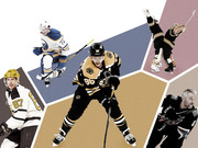 Editorial collage of five NHL hockey players in action poses arranged against geometric colored background panels.