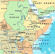 Political map of East Africa showing countries including Sudan, Ethiopia, Kenya, Tanzania, Somalia, and neighboring nations with major cities labeled.