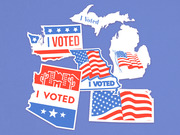 Editorial illustration showing various I Voted stickers designed in the shapes of US states including Michigan, Washington, Arizona, Missouri, and Kansas.