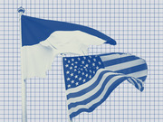 Blue-tinted editorial photo illustration of the French and American flags waving together on a flagpole against a grid background.