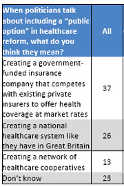 Table showing survey results on what people think 'public option' means in healthcare reform, with percentages for each interpretation.