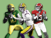 Editorial illustration of three college football quarterbacks in Oregon, LSU, and Alabama uniforms posed against a green background.