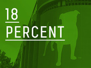 Green-tinted editorial graphic displaying the large text '18 PERCENT' over a background image of a building with a dog silhouette mural.