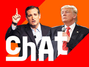 Editorial illustration showing Ted Cruz and Donald Trump against a red-orange background with the word 'chAt' in large white text.