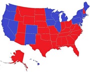 US electoral map showing states colored red or blue, likely representing Republican and Democratic party affiliations or election results.