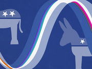 Editorial illustration showing the Republican elephant and Democratic donkey symbols on a blue background with a colorful winding ribbon between them.