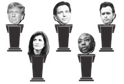 Black and white editorial illustration showing five political figures as floating heads above debate podiums, depicting Republican presidential candidates.