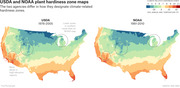 Side-by-side US maps comparing USDA (1976-2005) and NOAA (1981-2010) plant hardiness zones by average annual minimum temperature, colored from dark blue (zone 3) to dark red (zone 11).
