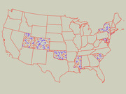 US map with red and blue arrow symbols scattered across certain states, likely indicating some directional or partisan data comparison by state.