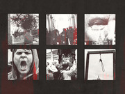 A dark editorial collage of six black-and-white photos with red accents depicting scenes from the January 6 Capitol riot, including a noose, protesters, and police.