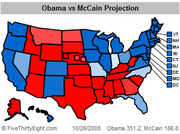 US electoral map showing Obama vs McCain projection dated 10/26/2008 with Obama at 351.2 and McCain at 186.8, states colored red or blue.