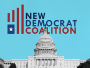 Editorial illustration showing the New Democrat Coalition logo overlaid on a desaturated image of the US Capitol building against a light blue background.