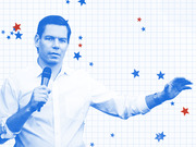 Blue-tinted editorial illustration of a man speaking into a microphone with red and blue stars scattered on a grid background.