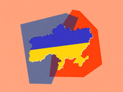 Editorial illustration showing the outline of Ukraine filled with the blue and yellow national flag colors, overlaid on abstract geometric shapes in gray and red-orange.