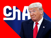 Editorial illustration of Donald Trump against a red and blue graphic background with partial large text reading ChA.