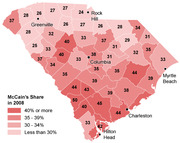 Choropleth map of South Carolina counties showing John McCain's vote share in the 2008 election, with counties shaded from light pink to dark red based on percentage ranges.