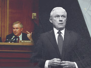 Editorial photo collage showing two images of Jeff Sessions, one at a congressional hearing with a nameplate reading MR. SESSIONS and one in black and white.