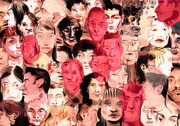 Editorial illustration showing a dense collage of diverse human faces rendered in ink and watercolor with red and pink tones.