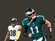 Editorial illustration of two NFL players: a Philadelphia Eagles player wearing number 11 and a Pittsburgh Steelers player wearing number 38, on a gray background.