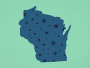 Decorative illustration of the state of Wisconsin in blue filled with dark star patterns on a mint green background.
