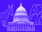 Editorial illustration showing the US Capitol building flanked by a Democratic donkey and Republican elephant drawn in white outline on a purple background.