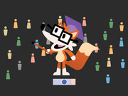 Cartoon fox mascot wearing a graduation cap and glasses, holding a pointer, surrounded by colorful person icons on a dark background.
