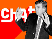 Editorial illustration showing a black-and-white photo of Donald Trump with hands raised against an orange background with the word Chat in large red and white letters.