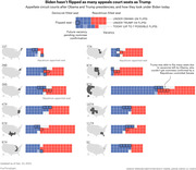Grid-based infographic showing Democrat and Republican filled seats on all 13 US appellate circuit courts under Obama, Trump, and Biden, with flipped seats highlighted.