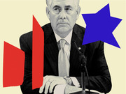 Black and white photo illustration of a man in a suit at a microphone, overlaid with bold red geometric shapes and a blue star on a cream background.