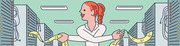 Editorial illustration of a woman with red hair standing in a server room holding yellow ribbon-like shapes with smiley faces between server racks.