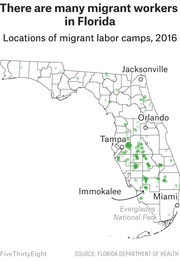 Map of Florida showing locations of migrant labor camps in 2016 as green dots, with concentrations near Tampa, Orlando, and Immokalee.