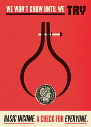 Retro-style editorial poster with a coin held in a clamp illustration and the slogan about basic income on a red background.