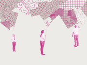 Editorial illustration showing three people with paint rollers painting away a collage of data visualization patterns including grids, topographic lines, and maps in pink tones.