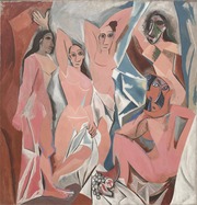 Picasso's Les Demoiselles d'Avignon, a proto-Cubist painting depicting five angular nude female figures in pink and earth tones with fragmented faces.