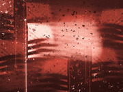 A distressed red-toned editorial illustration of an American flag with scattered debris fragments, suggesting themes of national crisis or conflict.
