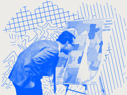Blue-tinted editorial illustration of a man in a suit leaning over a map of proposed congressional districts on an easel, with abstract line art in the background.