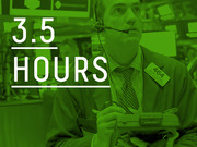 Green-tinted editorial infographic showing a stock trader with large text reading 3.5 Hours overlaid on the image.