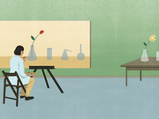 Editorial illustration of a person painting a canvas showing a red tulip in a lab flask among other laboratory glassware, with a yellow flower in a beaker on a nearby table.
