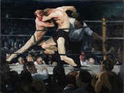 George Bellows oil painting depicting two boxers grappling in a ring with a referee and crowd of spectators watching.