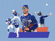 Editorial collage illustration of multiple Los Angeles Dodgers baseball players in action poses on a blue geometric background.