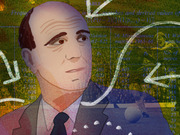 Editorial illustration of a bald man in a suit with statistical tables, formulas, and chalk arrows overlaid in the background.