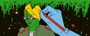 Colorful comic-style illustration of a green-skinned figure with blonde hair and pink sunglasses being drawn by a large blue hand holding a red pencil, set against a dark space background with green slime dripping from above.