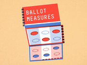 Editorial illustration of a red, white, and blue ballot measures booklet with oval voting bubbles, styled in a patriotic American color scheme.
