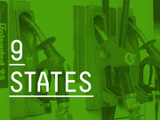 Green-tinted editorial graphic showing gas pump nozzles with large text reading '9 STATES', likely referencing a statistic about fuel or energy policy.