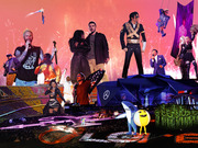 Collage illustration of various Super Bowl halftime show performers including Michael Jackson, Lady Gaga, Maroon 5, and others set against a dramatic pink sky.