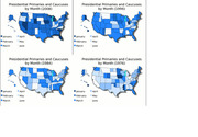 Four US choropleth maps showing Presidential Primaries and Caucuses by Month for election years 2008, 1996, 1984, and 1976, color-coded by month.