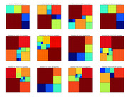 Grid of 12 diagrams showing solutions for packing different numbers of squares into odd-sized square grids from 3x3 to 25x25.
