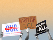 Editorial illustration showing hands holding three protest signs reading Our Revolution, #Abolish ICE, and Medicare for All against an orange and grey gradient background.