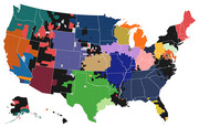 Choropleth map of the United States with counties colored in many different colors, likely representing different categories or groupings by region.